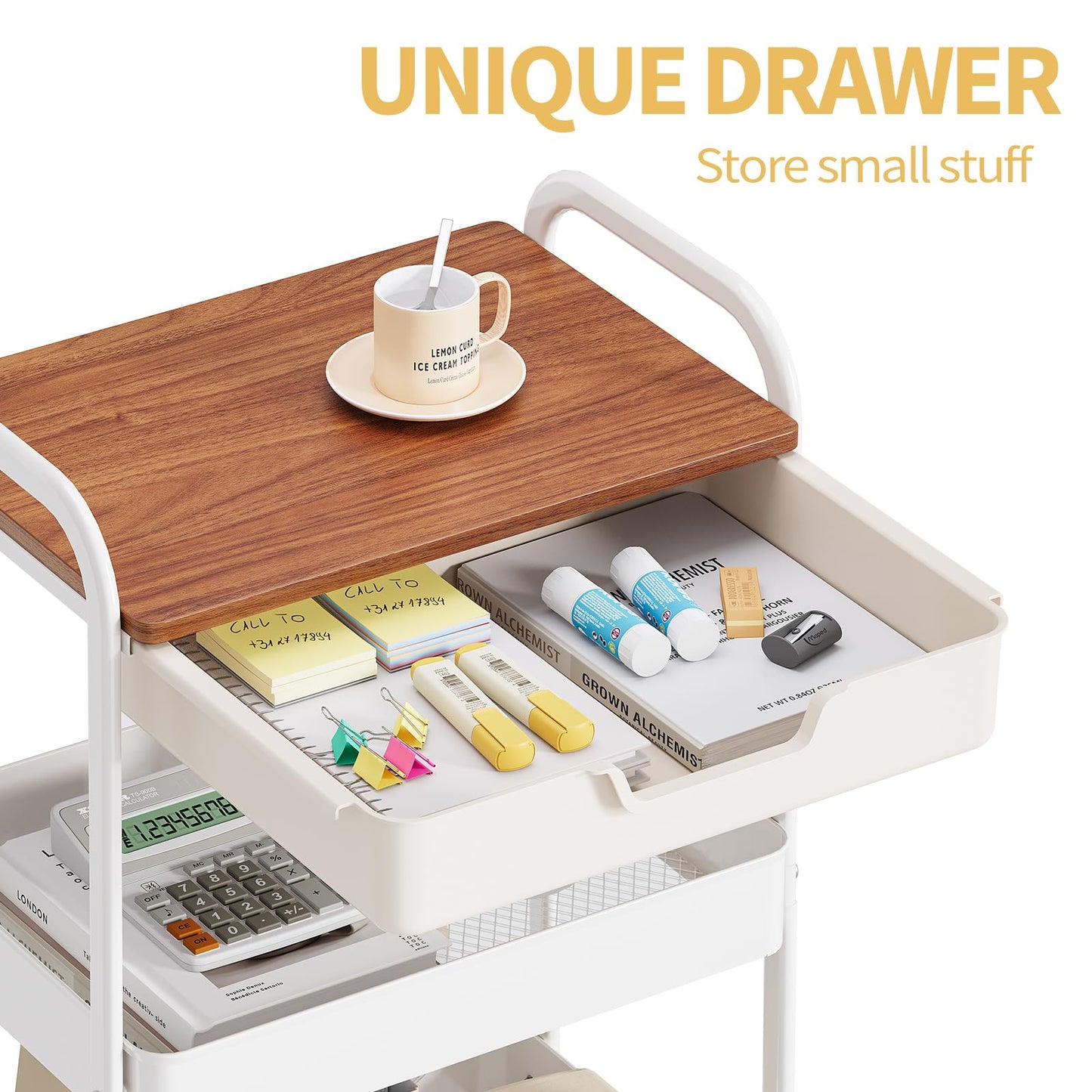 TOOLF 3 Tier Metal Utility Rolling Cart - White Storage Cart with Drawer and Wooden Table Top, Trolley Kitchen Organizer Rolling Desk with Locking Wheels for Office, Classroom, Home, Bedroom