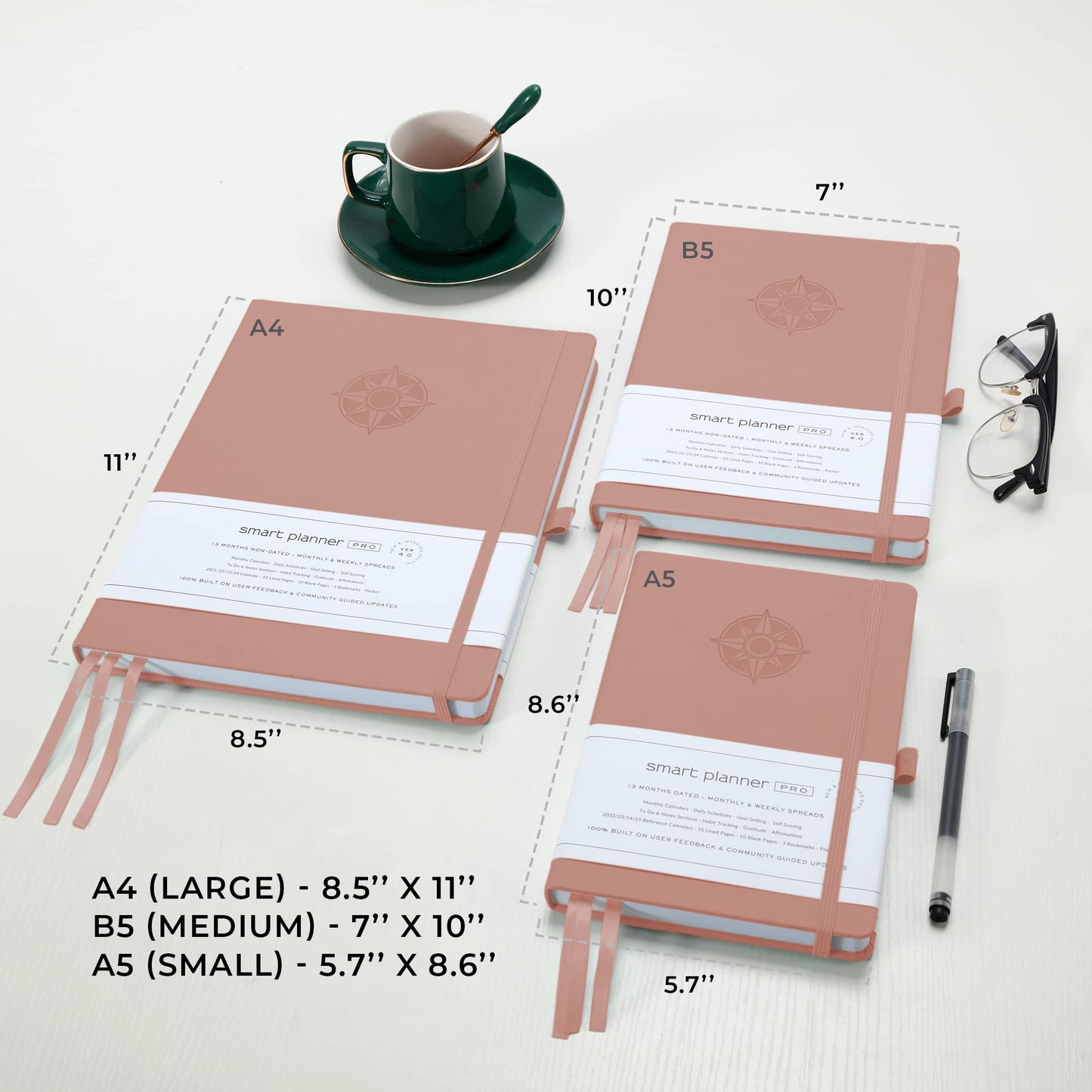 Smart Planner Pro – Undated Daily Planner – Small A5 – Achieve Goals & Increase Productivity – Weekly, Monthly, Work Sections, Organizer Diary with Back Pocket, 3 Satin Bookmarks & Pen Holder