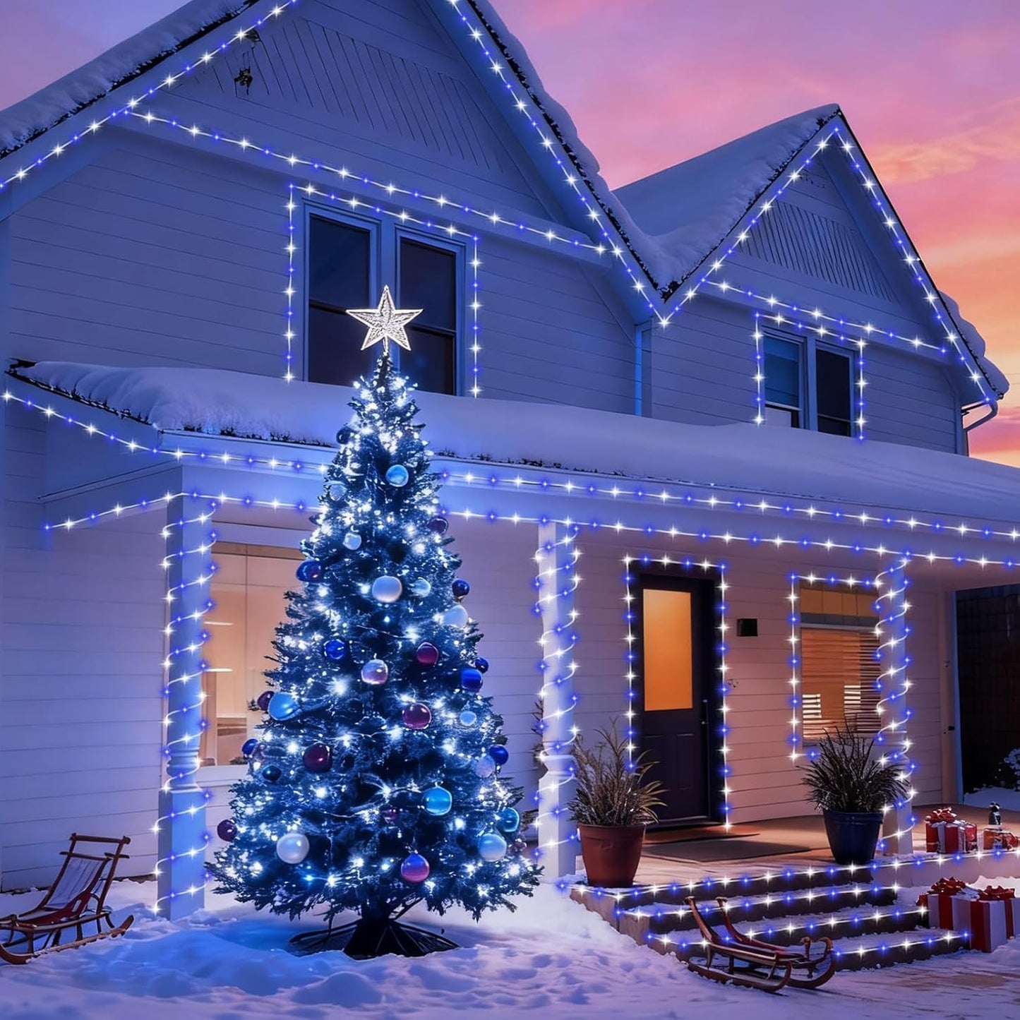 QITONG Blue and White Solar Rope Lights Outdoor, 2 Pack Each 33ft 100 LED String Light, Fairy Lights in Clear Thin Tube with 8 Modes