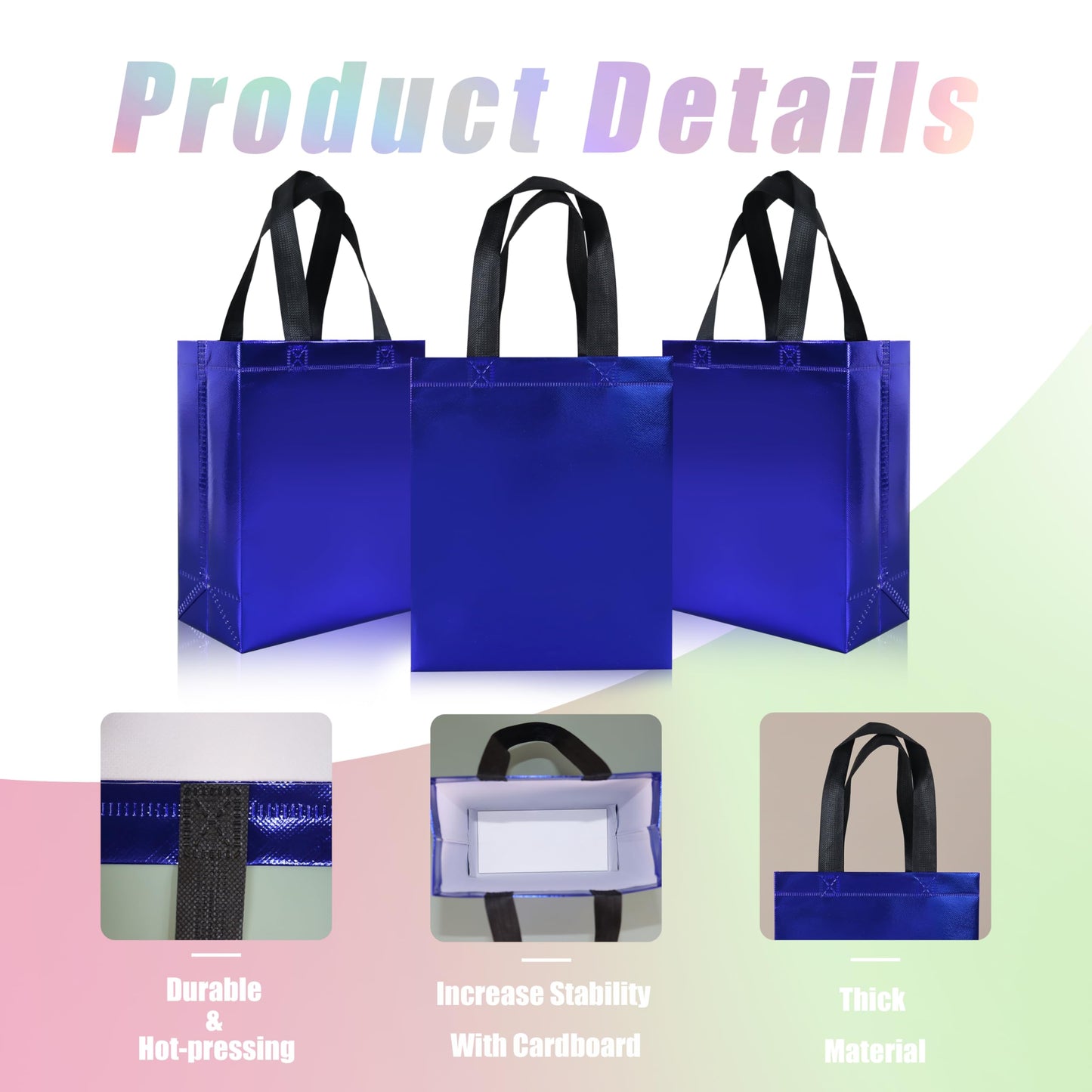 cabzymx 18 Pcs Glossy Blue Small Gift Bags, 8 x 3.9 x 9.8 In Reusable Goodie Bag Bulk with Sturdy Base, Non-woven Holiday Gift Bags for Birthday, Wedding, Party, Easter