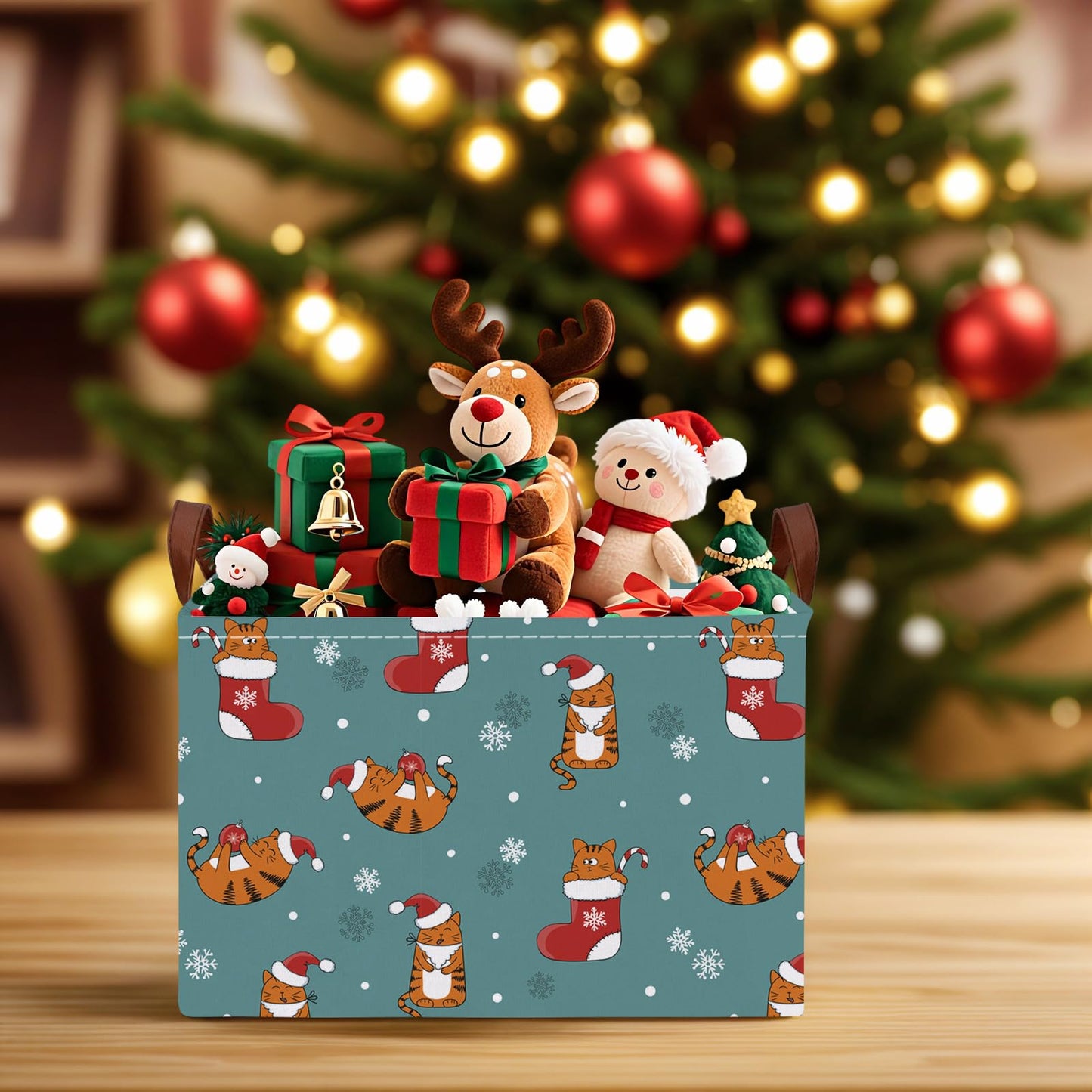 NIETEIN Large Kids Christmas Holiday Gift Empty Baskets Collapsible Families Holiday Storage Bin with Handle (Cat Socks Snowflake)
