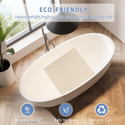 MEIMEIDE Shower Mat Non Slip 21"x21" Silicone Foldable Bath Mat with Suction Cups & Drain Holes, Odorless, Eco-Friendly & Durable, Machine Washable Shower Stall Mat for Adults, Seniors Beige