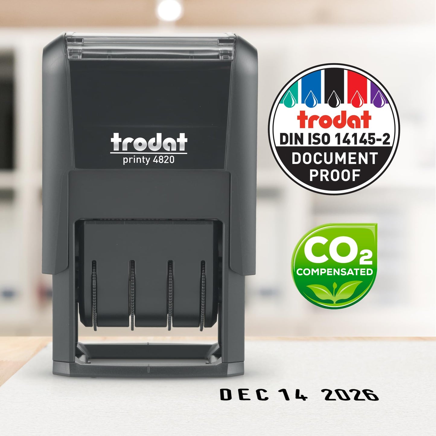 Trodat 4820 Printy 4.0, Self-Inking Date Stamp for Professional, Classroom and Personal Applications, 3/8” x 1-¼”, CO2 Compensated Date Stamper (Black)