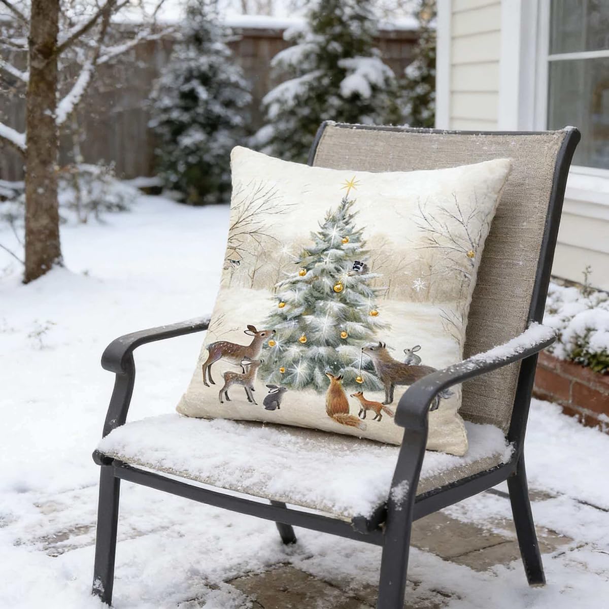 Animals Throw Pillow Cover Christmas - 18 x 18 Inch Pet Snowman Vase Deer Dog Rabbit Bird Xmas Tree Pillow Case - Set of 4 Square Winter Snowfield Pillowslip, Great for Sofa, Patio, bedroom Decor