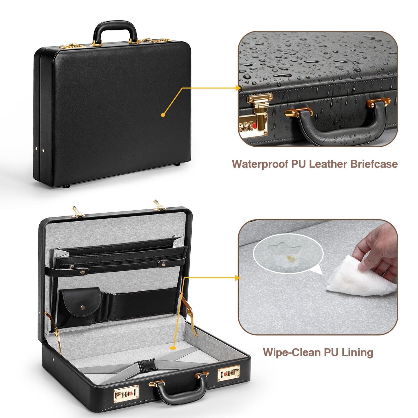 LOCKCURX Briefcases for Men, Anti-Theft Dual Lock Briefcase with 16 Inch Laptop Compartment, Waterproof Faux Leather, Brief Cases Men with Multi File Organizer, Perfect for Office, Travel (Black)