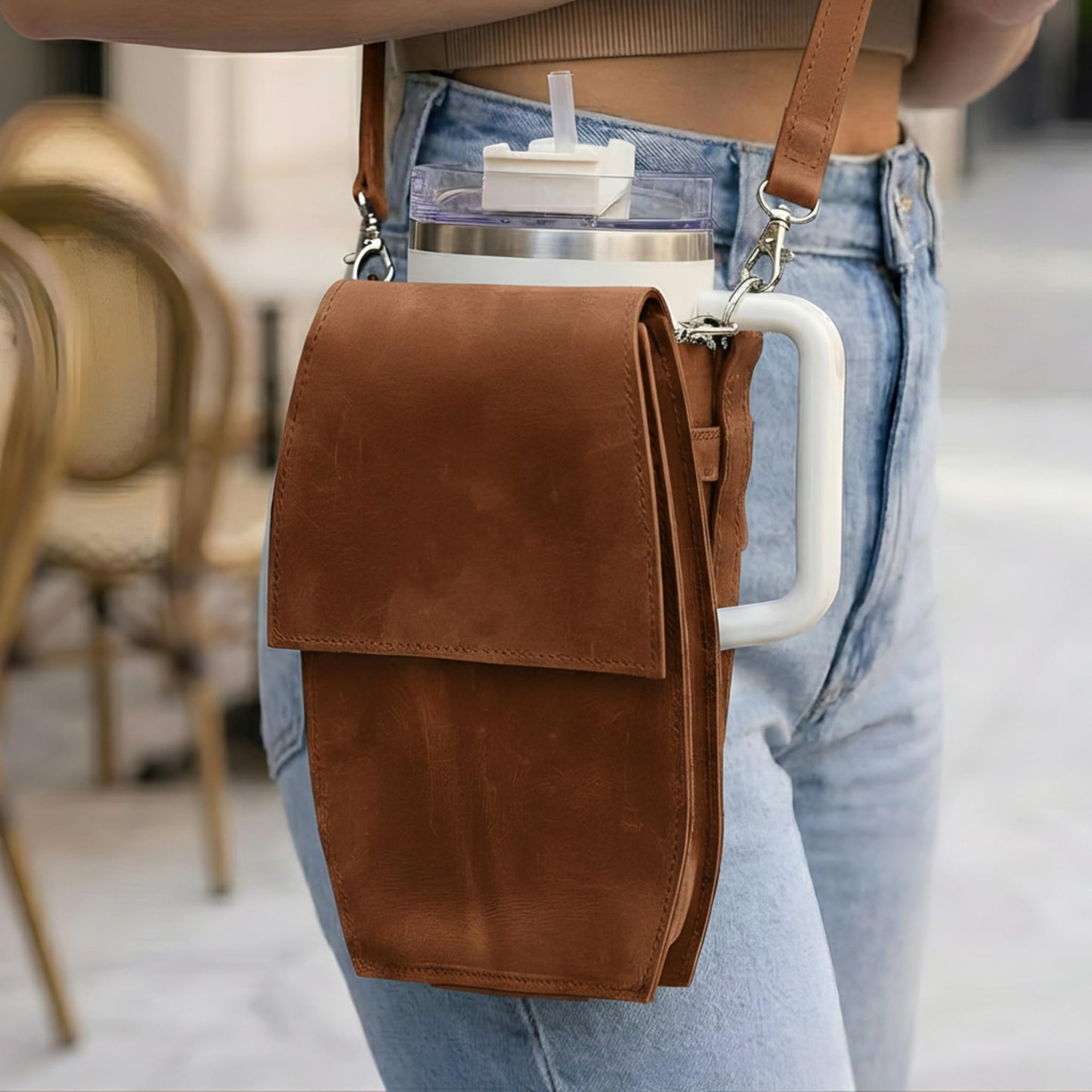 Leather Crossbody Bottle Bag – Genuine Leather Water Bottle Holder with Adjustable Strap, Slim Travel Drink Carrier Pouch for Walking, Hiking & Festivals (Bottle Not Included), Warm Brown
