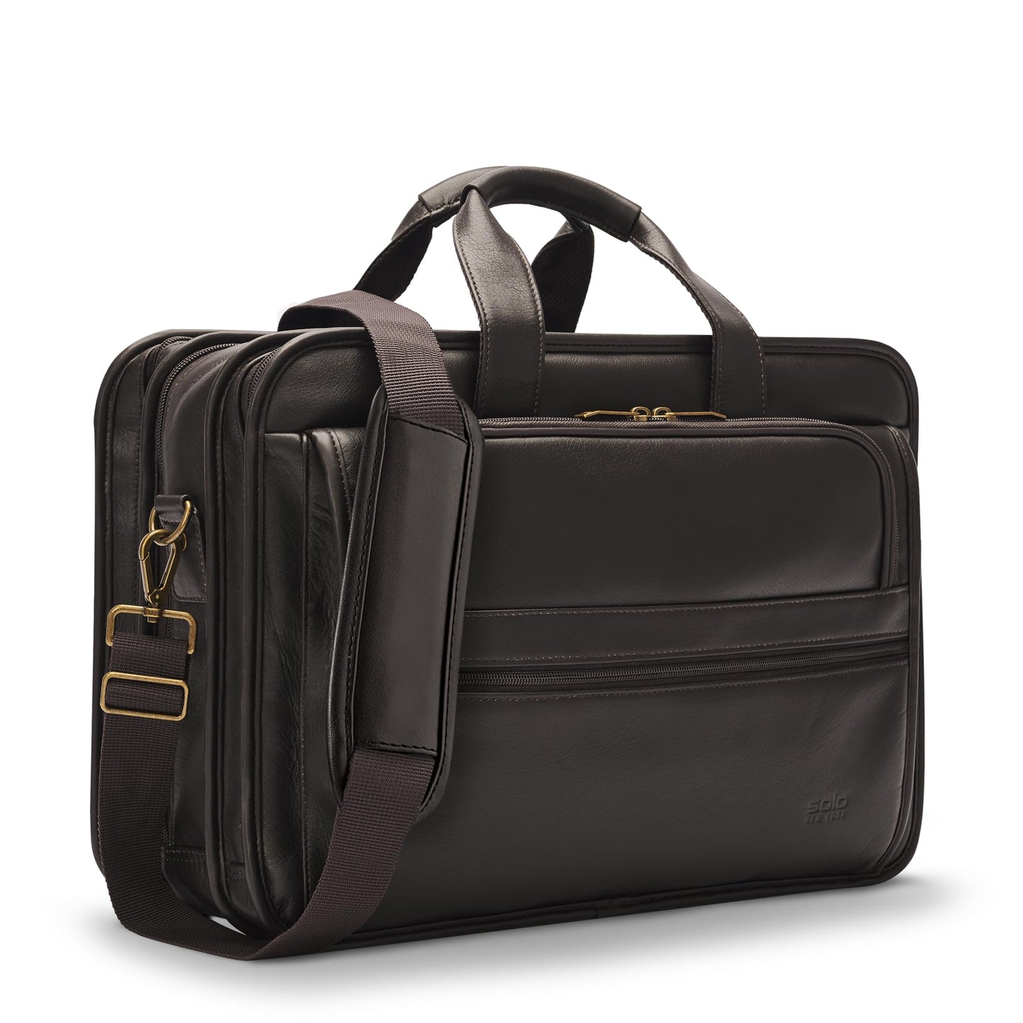 Solo New York Briefcase - Laptop Carrying Bag for Women & Men, Brief for Travel & Work, Padded Shoulder Strap, Premium Leather Body, Fits 15.6" Computer - Espresso
