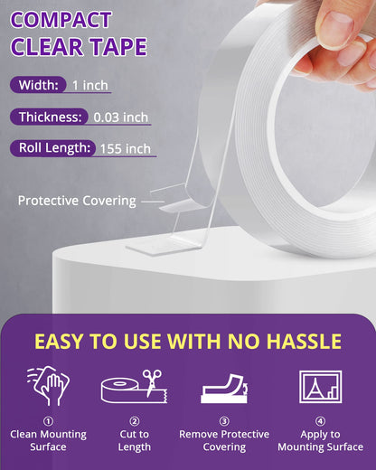 Double Sided Tape Heavy Duty, Clear Removable Mounting Tape, Multipurpose Strong Transparent Adhesive for Home Office Walls Decor, Poster Hanging, Carpet, Automotive Trim, DIY Projects (155in x 1in)