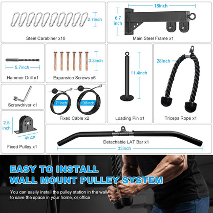 Wall Mounted Pulley System, Low Cable Machine Pulley System for LAT Pulldown, Biceps Curl Home Gym Equipment with Fitness Pull Down Bar, Tricep Rope
