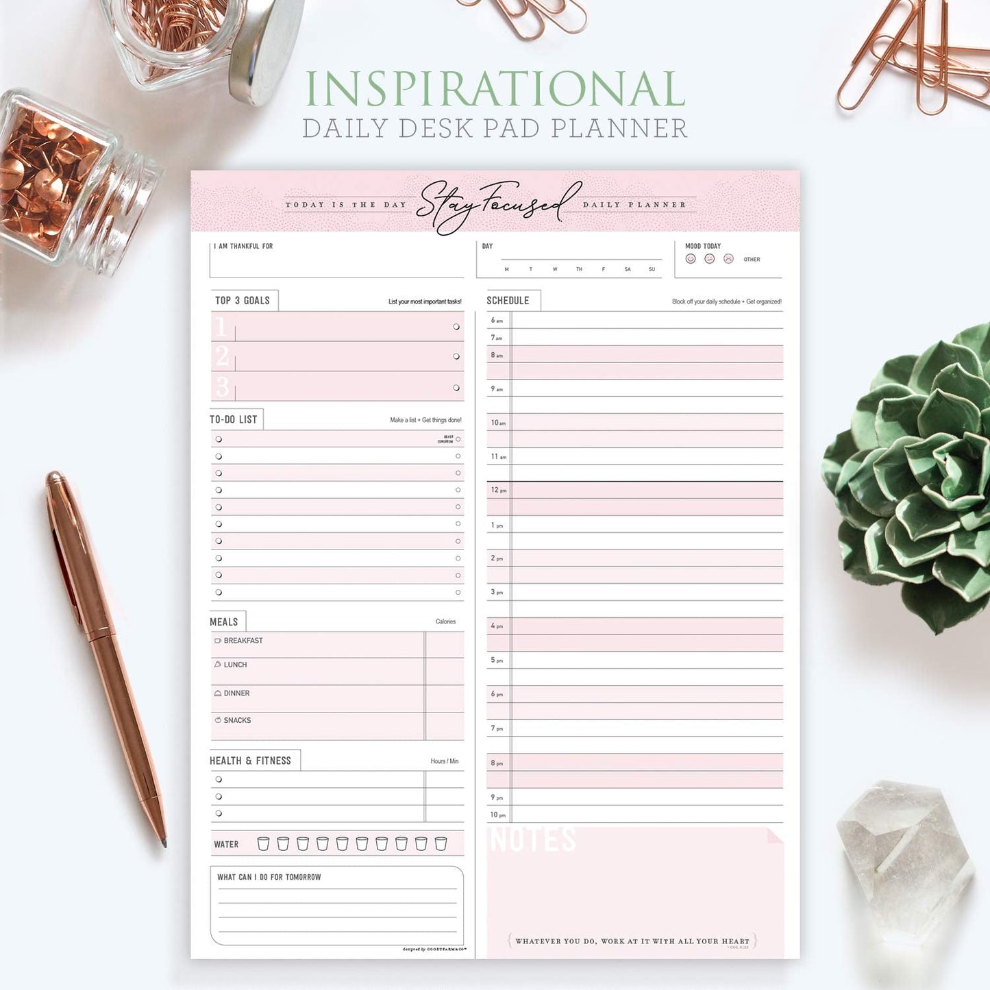 Daily Notepad Planner To Do Schedule - Stay Focused 50 Tear off Premium Made USA (Rose Pink)