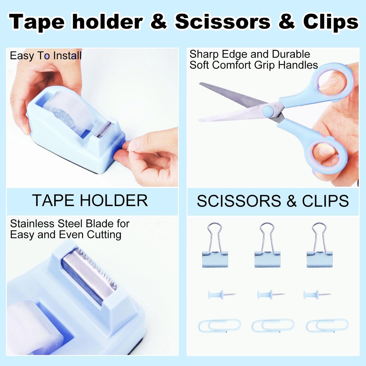 Gawsey Blue Desk Organizers and Accessories Set with 360-Degree Rotating Pen Holder, Tape Dispenser, Stapler, Staple Remover, 1000 Staples, Tape, Clips Set, Ruler, Scissor, Pen