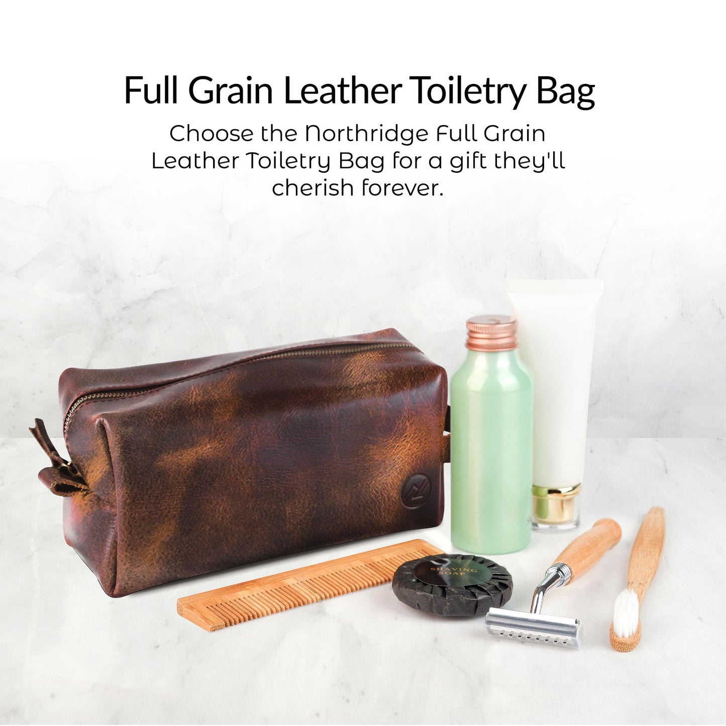 Northridge Leather Premium Leather Toiletry Bag For Men - Travel Bag, Shaving Kit Bag & Toiletry Organizer - Full Grain Leather (Double Zip, Antique)