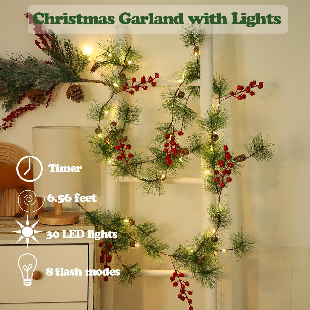 ChiRee Christmas Garlands 6.56FT 30 LED Smokey Pine Garlands with Lights Battery Operated Pine Cone Garland with Red Berry Bells Green Garland Christmas Decorations for Xmas Holiday Indoor Outdoor