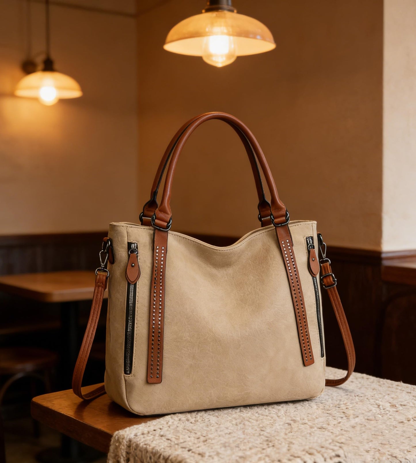 myfriday Vintage Slouchy Tote Bag for Women, Large Vegan Leather Hobo Shoulder Bag Satchel Purse with Adjustable Strap (Apricot)