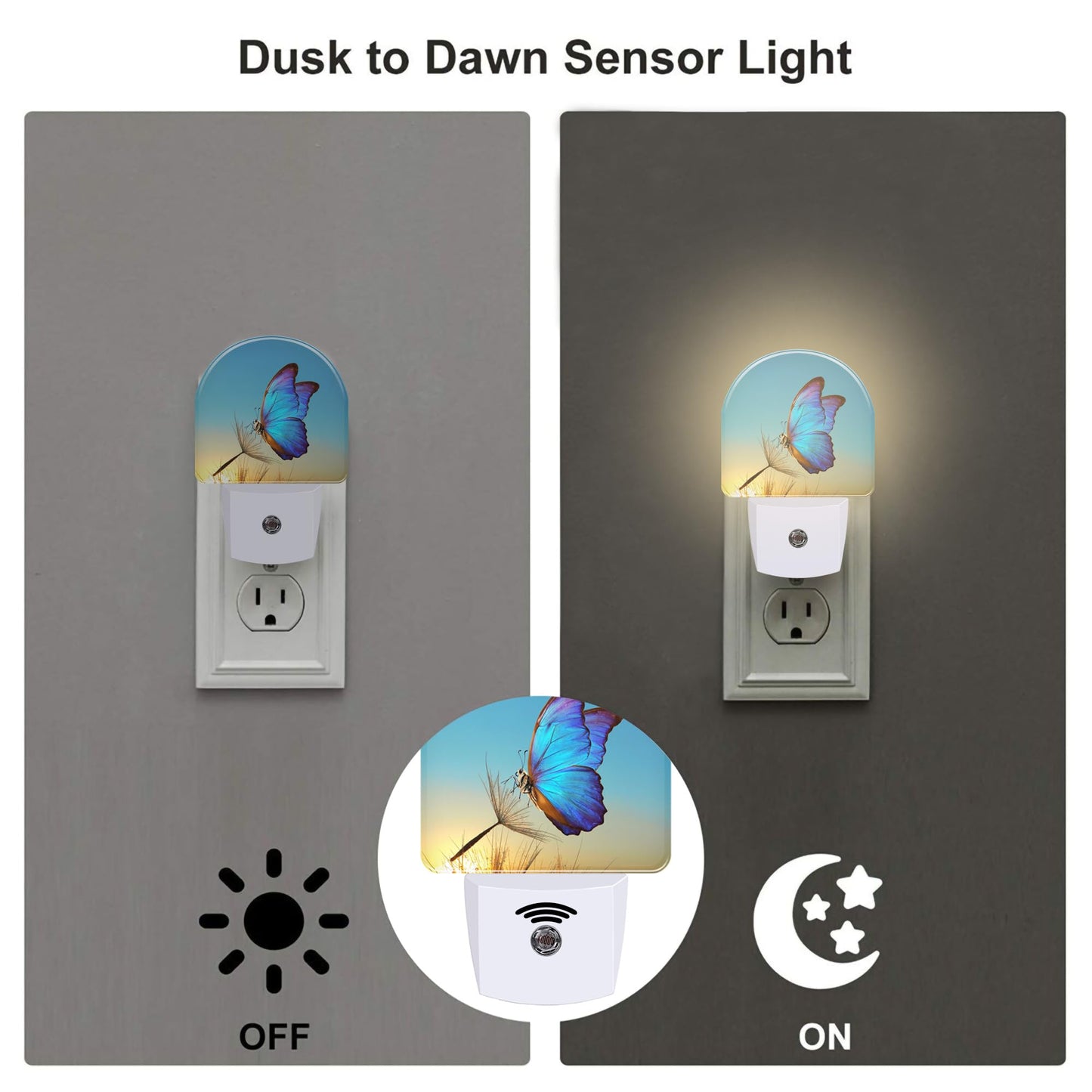 sndheke Blue Butterfly and Dandelion Night Light Plug into Wall, Butterfly in The Sunset Dusk to Dawn Night Light,0.5w Energy Saving Sleep Friendly Nightlights for Kids Boys Girls Home Decor