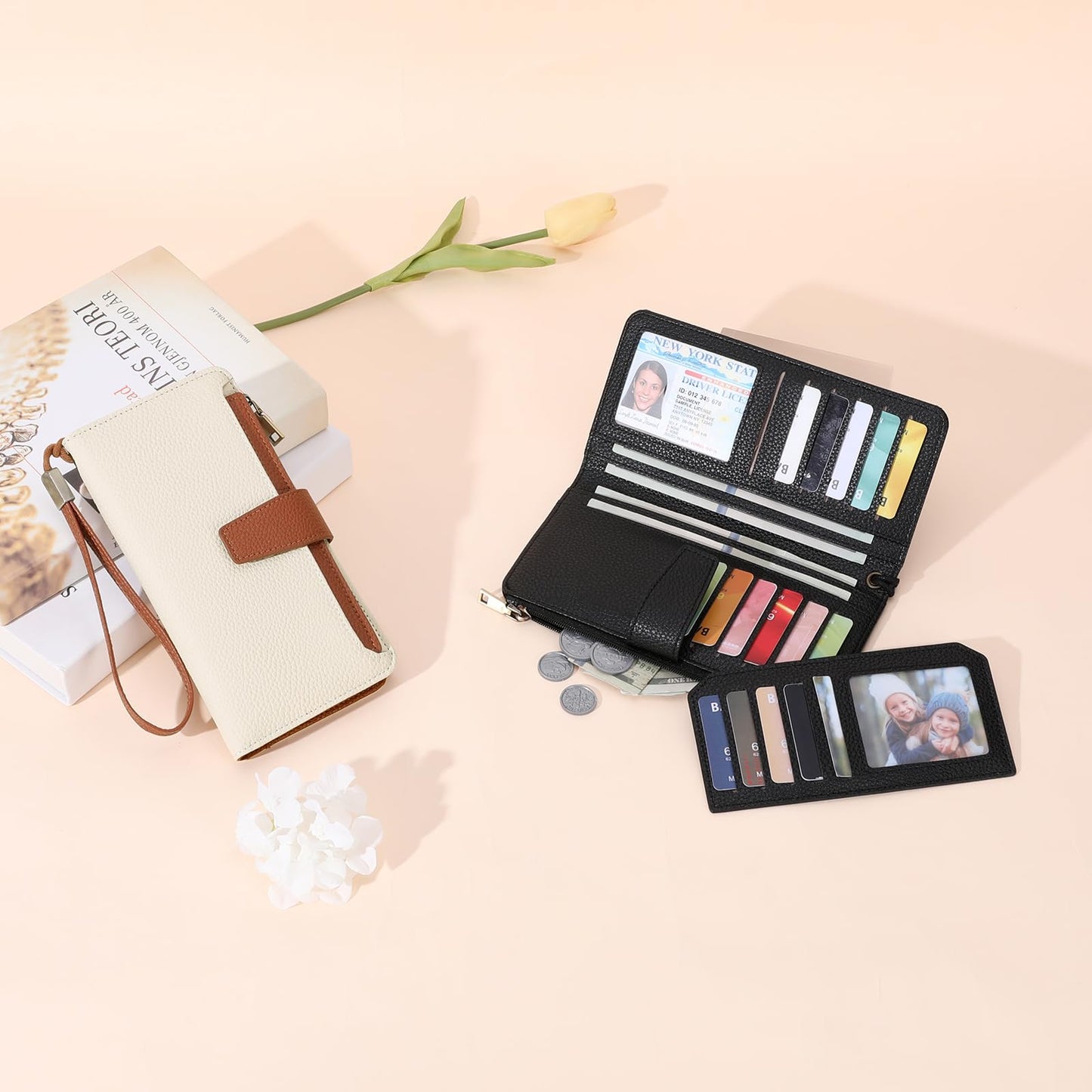 GAEKEAO Women Wallet RFID Blocking Leather Bifold Compact Card Holder Ladies Travel Wallet Purse, Large Capacity Wristlet