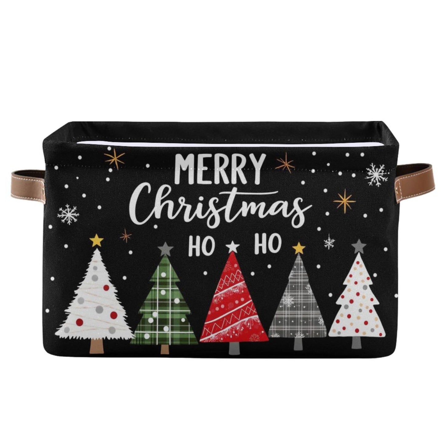 Merry Christmas Tree Black Storage Basket with Waterproof Liner and PU Handles Winter Snowflake Xmas Storage Bins Boxes 14.2" Collapsible Decorative Organizer Baskets for Bedroom Closet Office 1 Pack