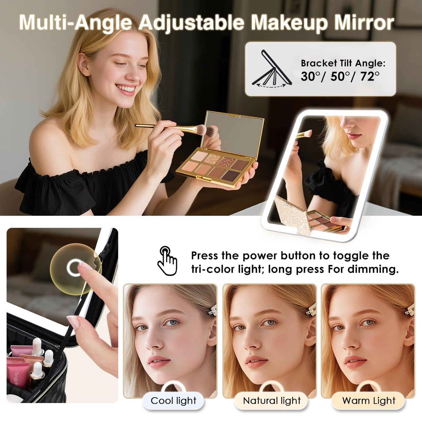 Faquenc Makeup Bag with LED Lighted Mirror 12.2 IN Travel Makeup Bag Adjustable Brightness in 3 Colors Cosmetic Organizer Artist Storage Bag with Dividers Brush Holder Bag Vanity Black Checkerboard