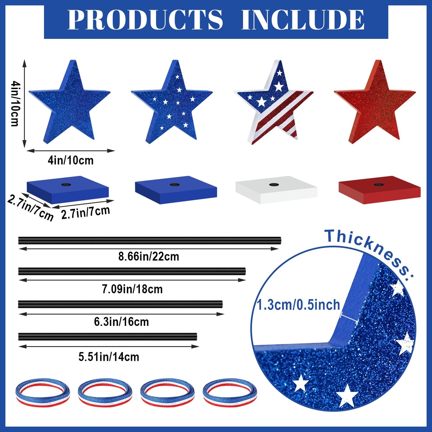 4th of July Tiered Tray Decor Wooden Shiny Star Set, 4 Pcs 250th Anniversary Centerpieces for Tables, Patriotic Tabletop Home Decor, Red White and Blue Decorations for Independence Day Party