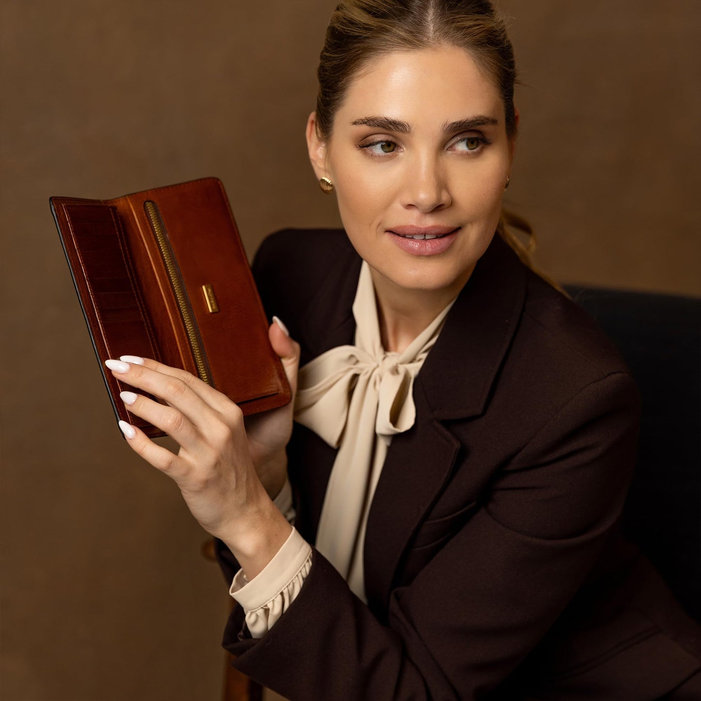 Time Resistance Long Leather Wallet - Bifold Mens Suit Leather Wallet - Checkbook Wallet - Tall Billfold Card Wallet - Slim Wallet Made in Italy (Cognac Brown)