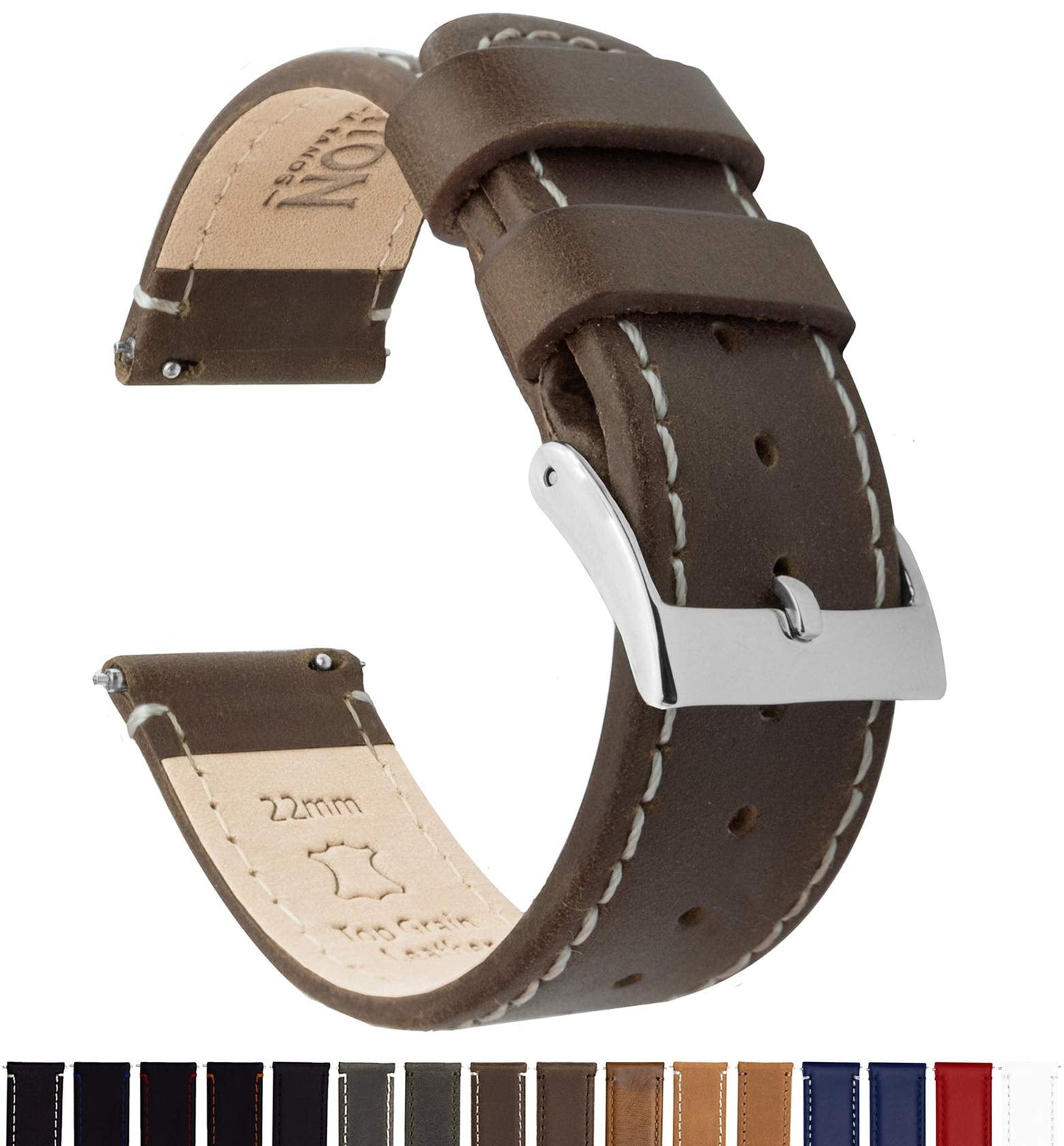 BARTON WATCH BANDS Quick Release Top Grain Leather Watch Band Strap, Saddle Leather/Linen White Stitching, 22mm