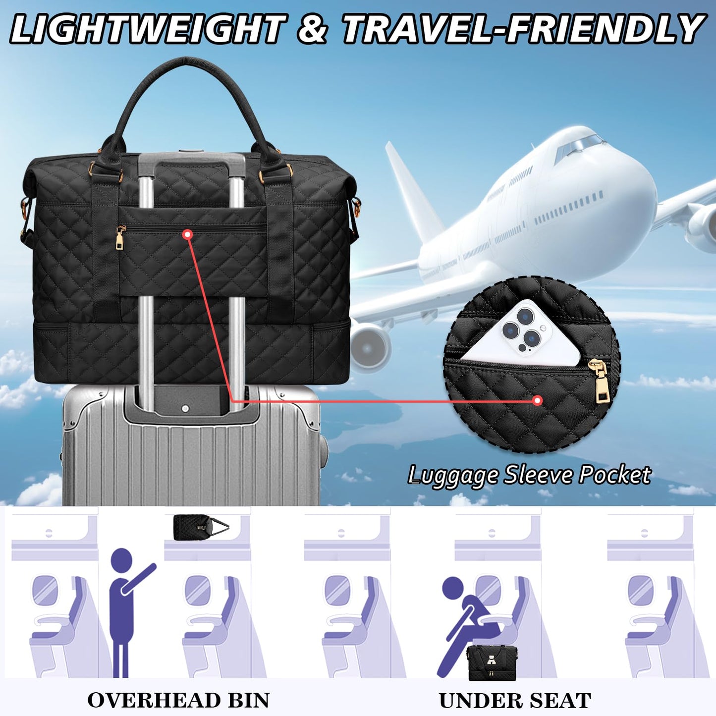 CLOUDWINGS Gifts for Women Girls Initial Travel Duffle Bag Quilted Weekender Carry-On Overnight with Cosmetic Bag, Gym Bag with Shoe Compartment, Black A