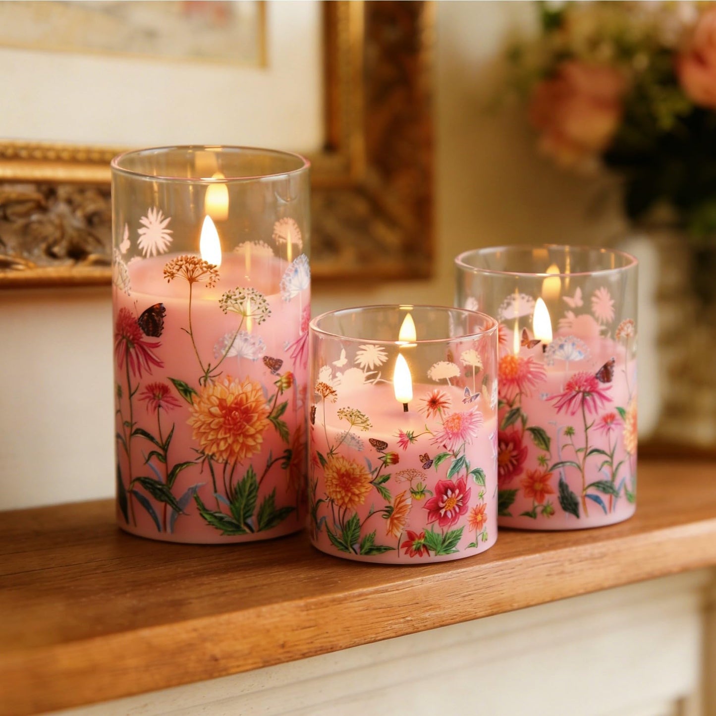 Girimax Pink Floral Glass Flameless Pillar Candles with Remote, Flickering Spring LED Battery Candles Home Decor Set of 3