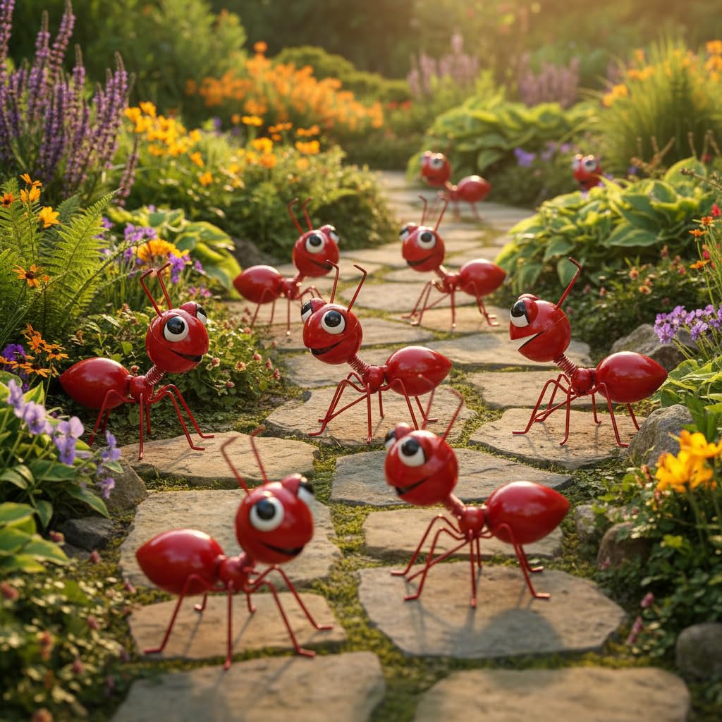 Cruis Cuka Metal Yard Art Garden Decor for Outside Cute Ants Yard Decorations Outdoor Lawn Ornaments Backyard Gifts for Mom - Set of 8（All Red）