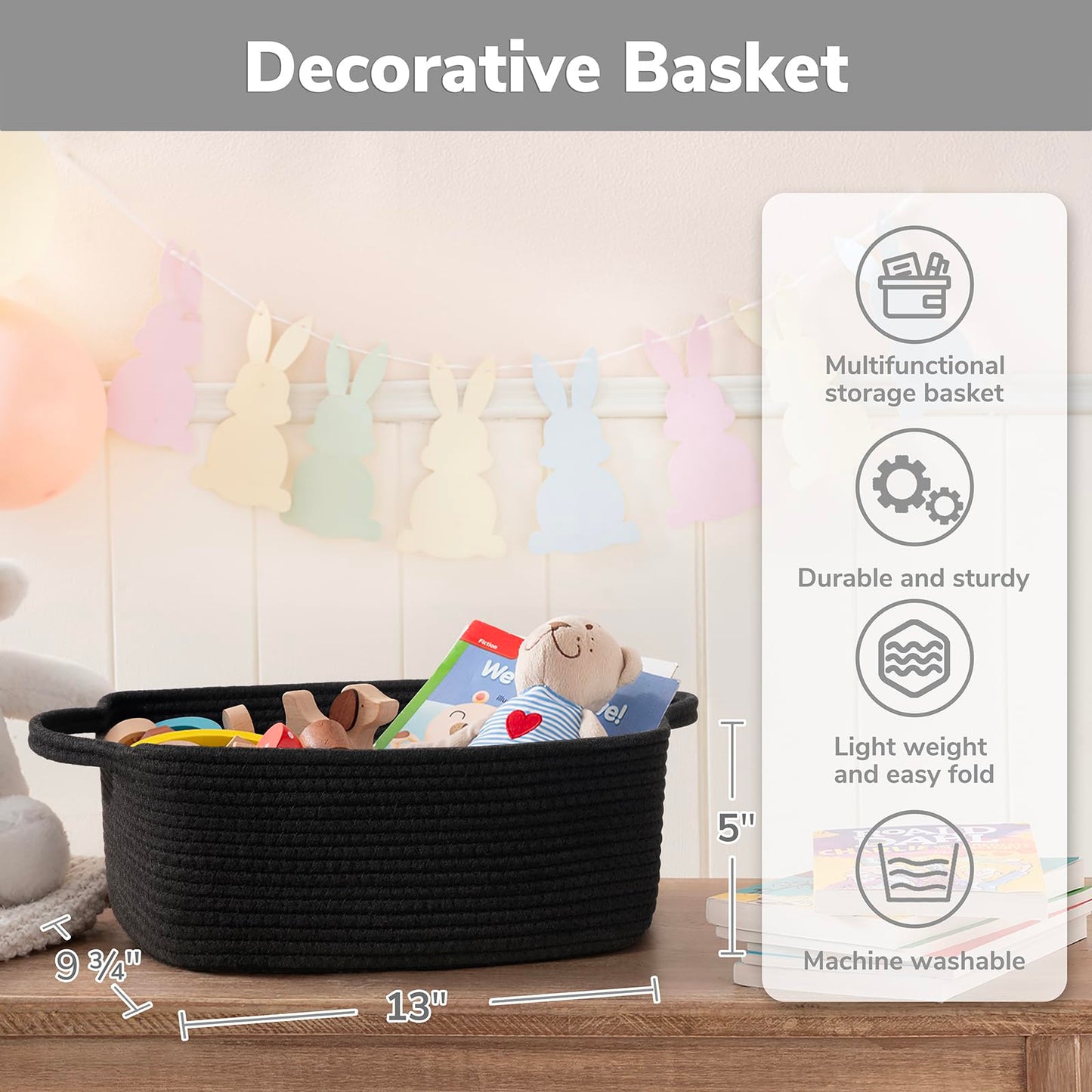 CHICVITA Storage Basket for Gifts, Cute Cotton Rope Baskets for Nursery, Small Gift Basket with Handles, Decorative Woven Baskets for Bathroom, 13 x 9.8 x 5 inches, Black