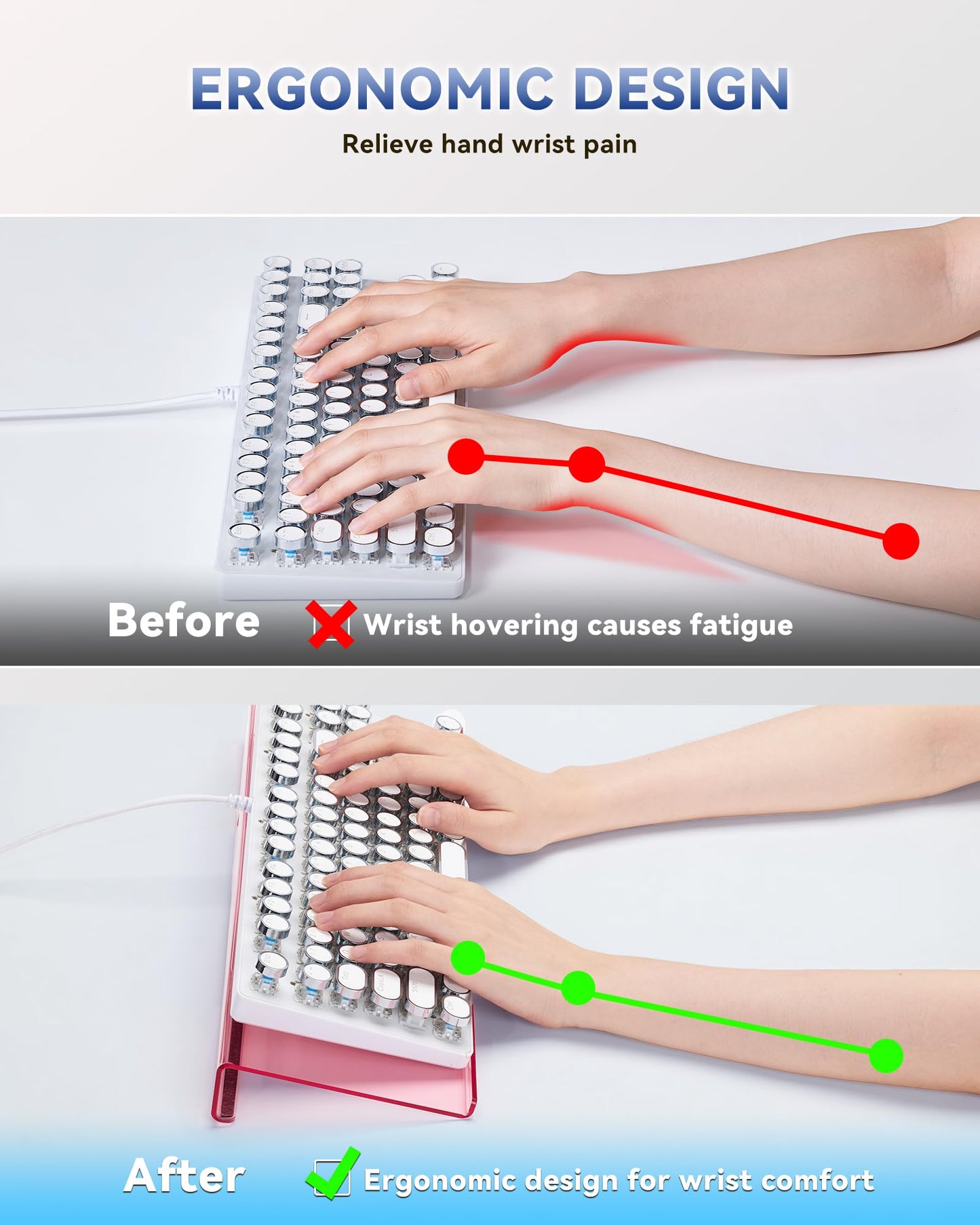 Ergonomic Computer Keyboard Stand for Desktop (Clear Pink), Keyboard Tilted Elevated Rack Key Board Holder Riser Stand for Office Home Desk Work