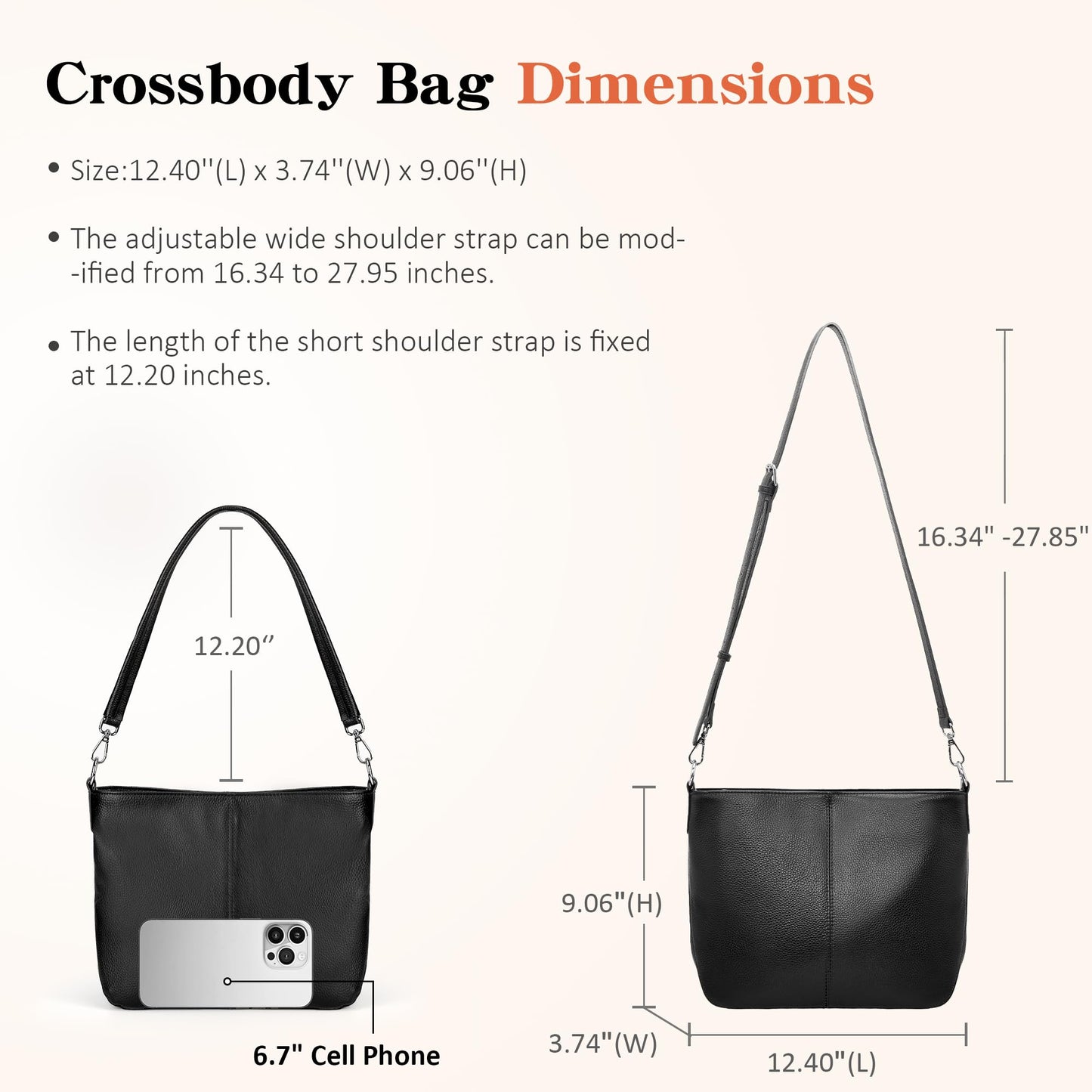 befen Genuine Leather Purse for Women, Black Leather Crossbody Bag Soft Hobo Purse Women's Shoulder Handbags with 2 Removable Straps Designer Cross Body Purses for Everyday & Travel & Work