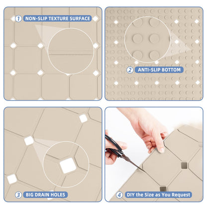 MEIMEIDE Shower Mat Non Slip 21"x21" Silicone Foldable Bath Mat with Suction Cups & Drain Holes, Odorless, Eco-Friendly & Durable, Machine Washable Shower Stall Mat for Adults, Seniors Beige