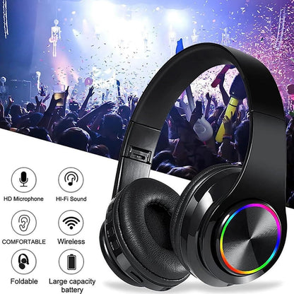 MGHOAQFRS Bluetooth Headphones Over Ear, Noise Reduction Wireless Headphones with Microphone/Deep Bass, HiFi Stereo Foldable Lightweight LED Headset for PC Home Travel Office