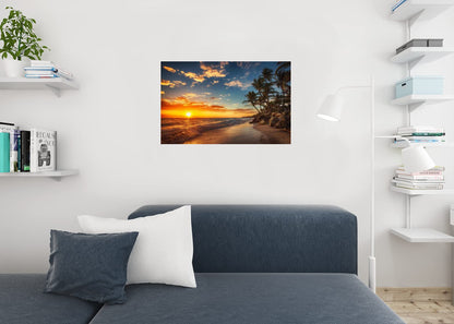 Beach Art Wall Decor Coral Beach Sand Sea Palapa Tropical Palm Tree Photo Sunset Landscape Pictures Ocean Scenic Scenery Nature Photography Paradise Cool Wall Art Print Poster 36x24