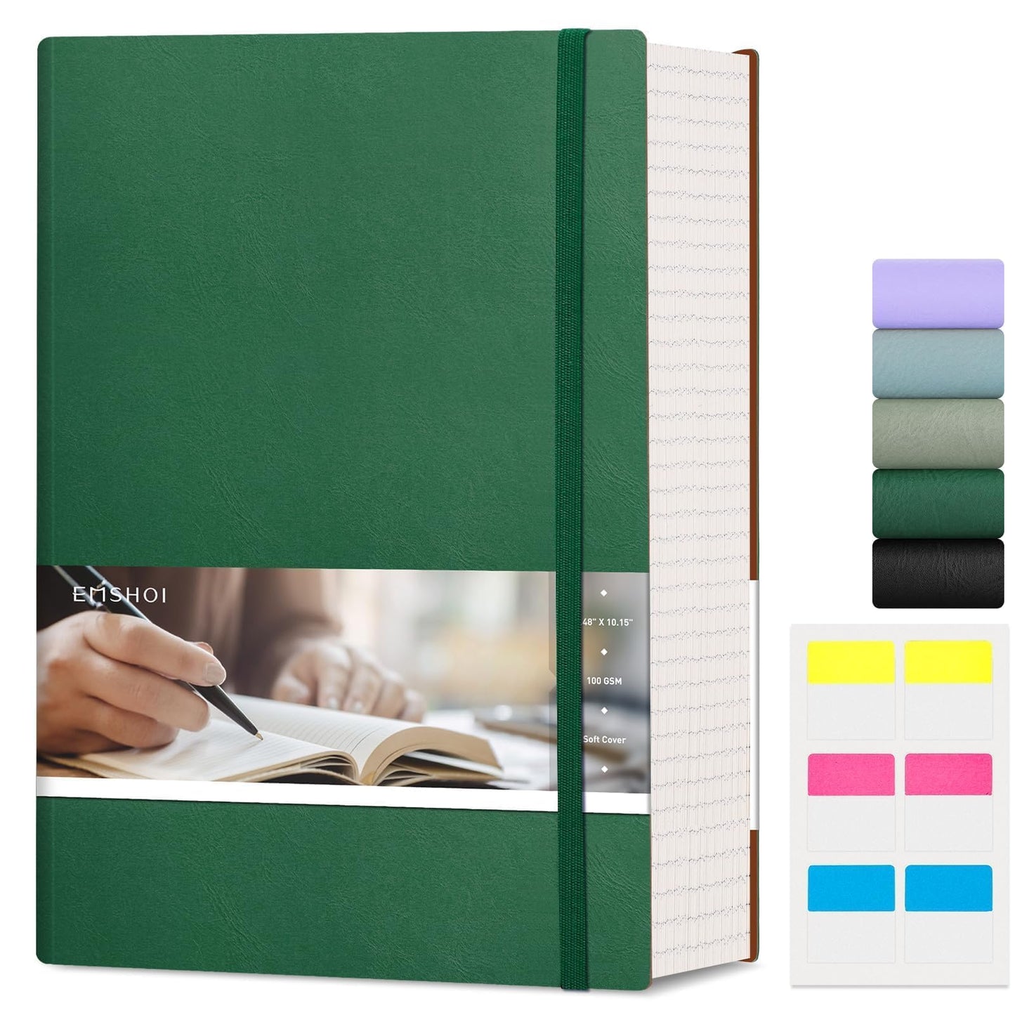 EMSHOI B5 College Ruled Notebook, Large 7.48" x 10.15", 400 Pages 100GSM Ink-Proof Faux Leather Softcover Lay-Flat Lined Journal for Work Office School Bible Study Writing, Dark Green