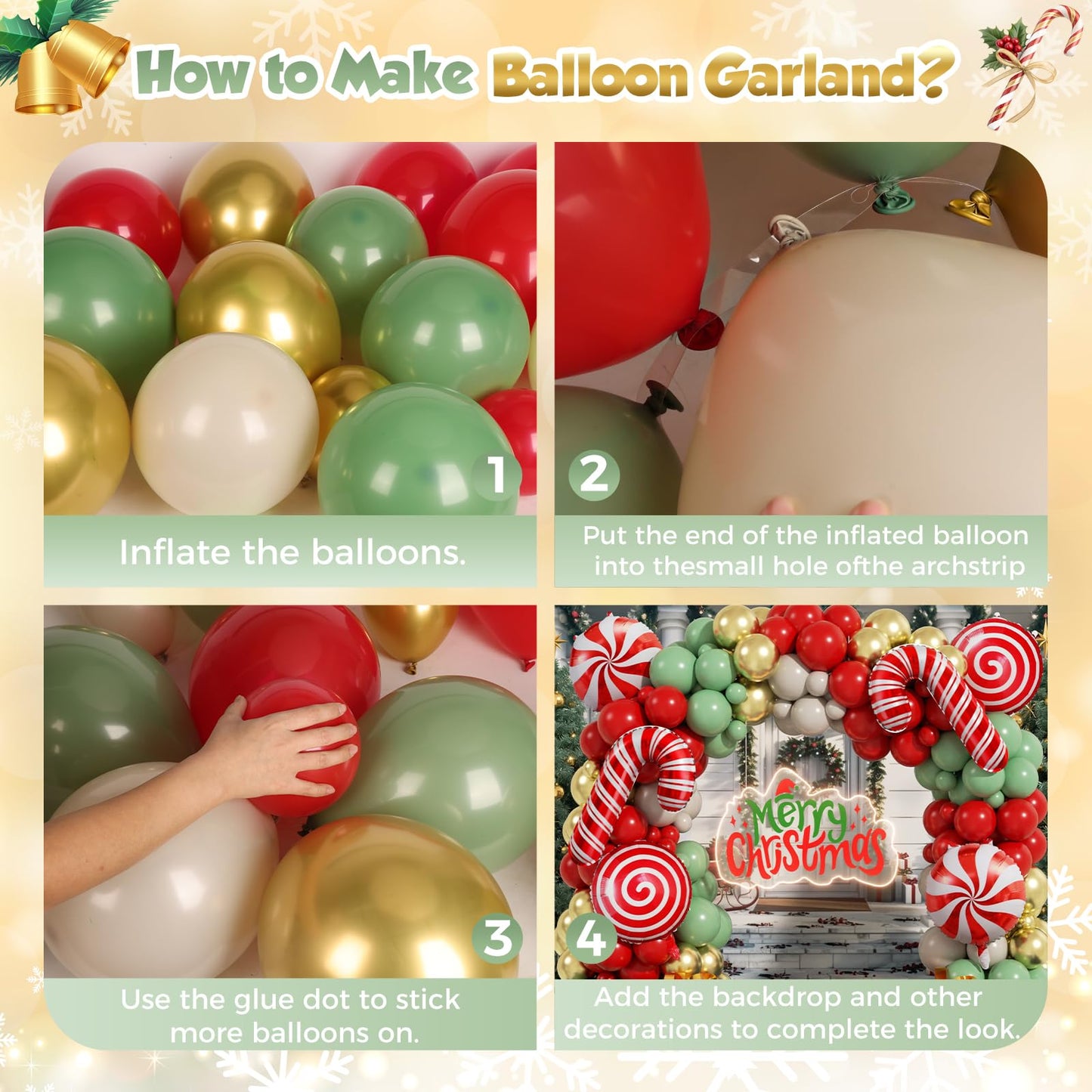 PTGOLUO 170Pcs Christmas Balloon Arch Garland Kit with Xmas Red Sage Green Gold White Sand Latex Balloons Gift Box Candy Cane Foil Balloons Arch Kit for Christmas New Year Party Party Decorations