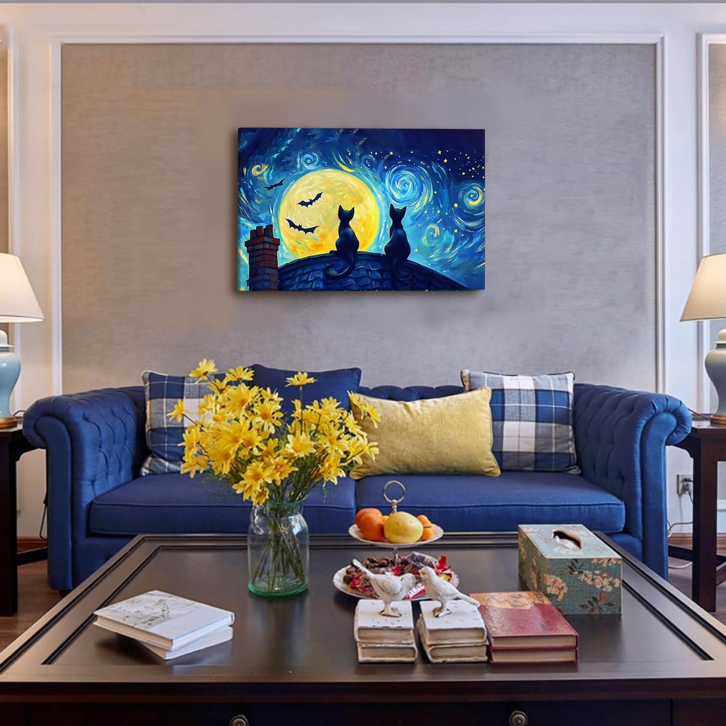 EEYNAQQ Starry Night Black Cat Wall Art, Van Gogh Style Halloween Canvas Painting, Moon Bat Rooftop Cat Wall Decor for Living Room Bedroom Children's Room, 12x16 Inches Ready to Hang