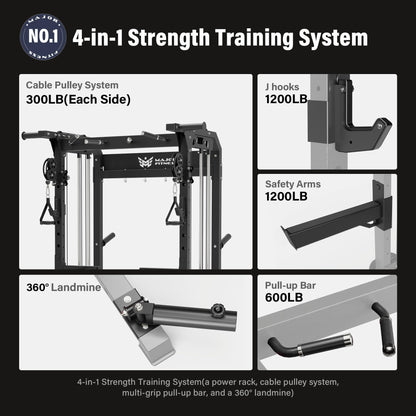 MAJOR FITNESS F22 Power Rack, 1600lbs All-in-One Squat Rack with Cable Crossover, Dual Pulley System, Heavy-Duty Steel Frame, Attachments & Storage for Home Gym Strength Training, Khaki