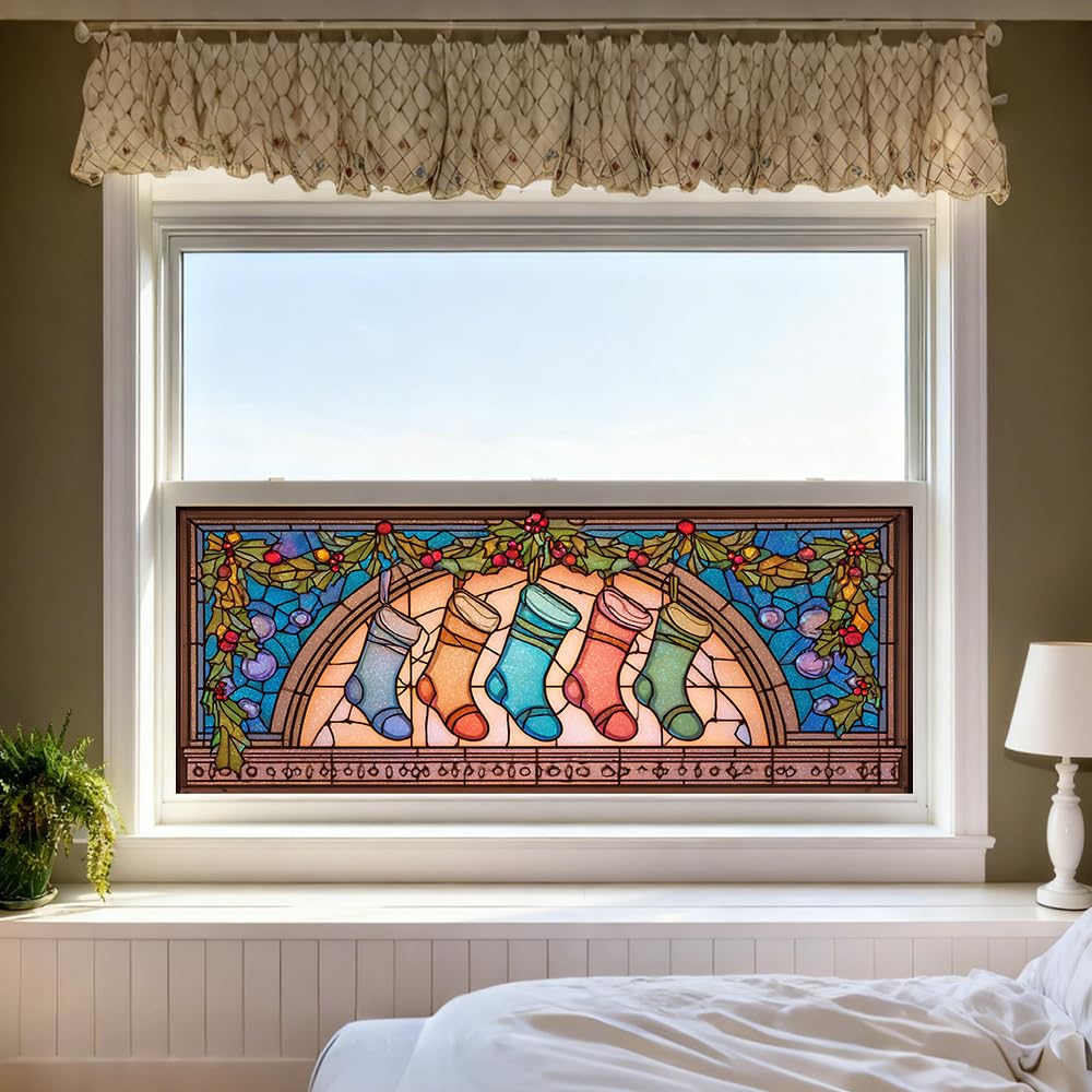 WDESYADMS Window Privacy Film 39x17 Inch Christmas Stockings Stained Glass Design Peel and Stick Static Cling Decorative Window Film for Holiday Living Room Bedroom Glass Door
