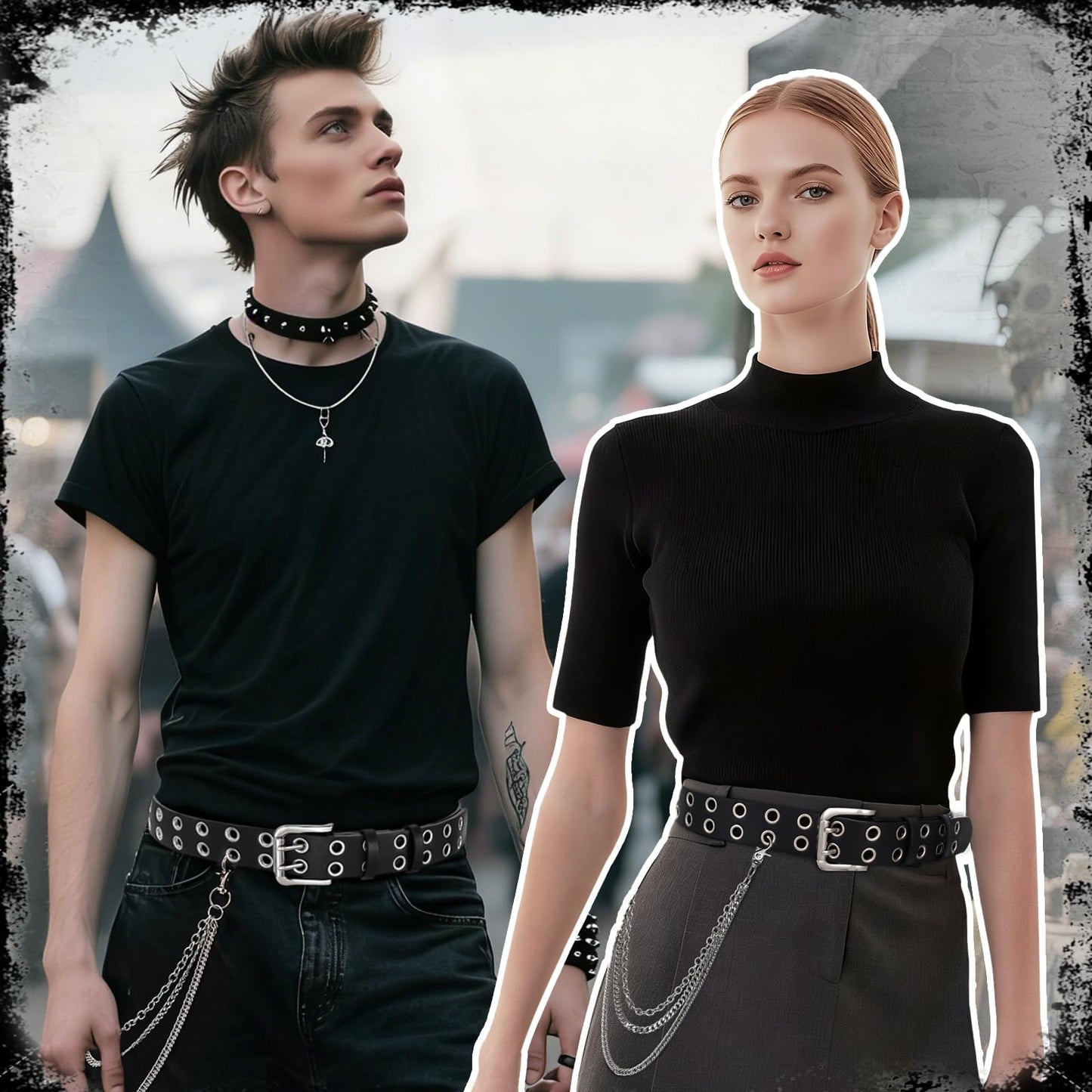 BELTROAD Double Grommet Studded Belt with Detachable Chain Goth Belt for Men Women Punk Rock Metal for Jeans Pants