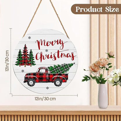 Merry Christmas Door Sign,ChristmasTree Decorations Wooden Holiday Hanging Sign for Front Door, Winter Decorations for Home Garden Christm New Year 12"x12"