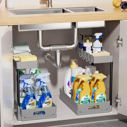 Delamu 2 Pack Under Sink Organizers and Storage, 2 Tier Pull Out Bathroom Cabinet Organizer, L-Shape Black Under Bathroom Kitchen Sink Organizer with Drawer for Under Sink Storage Organizer