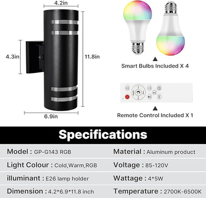 RGB Up and Down Lights Outdoor Wall Lights 2 Packs, Smart Color Changing Outdoor Wall Sconce WiFi Voice & App Control,Aluminum Waterproof Exterior Lights for Porch Compatible with Alexa