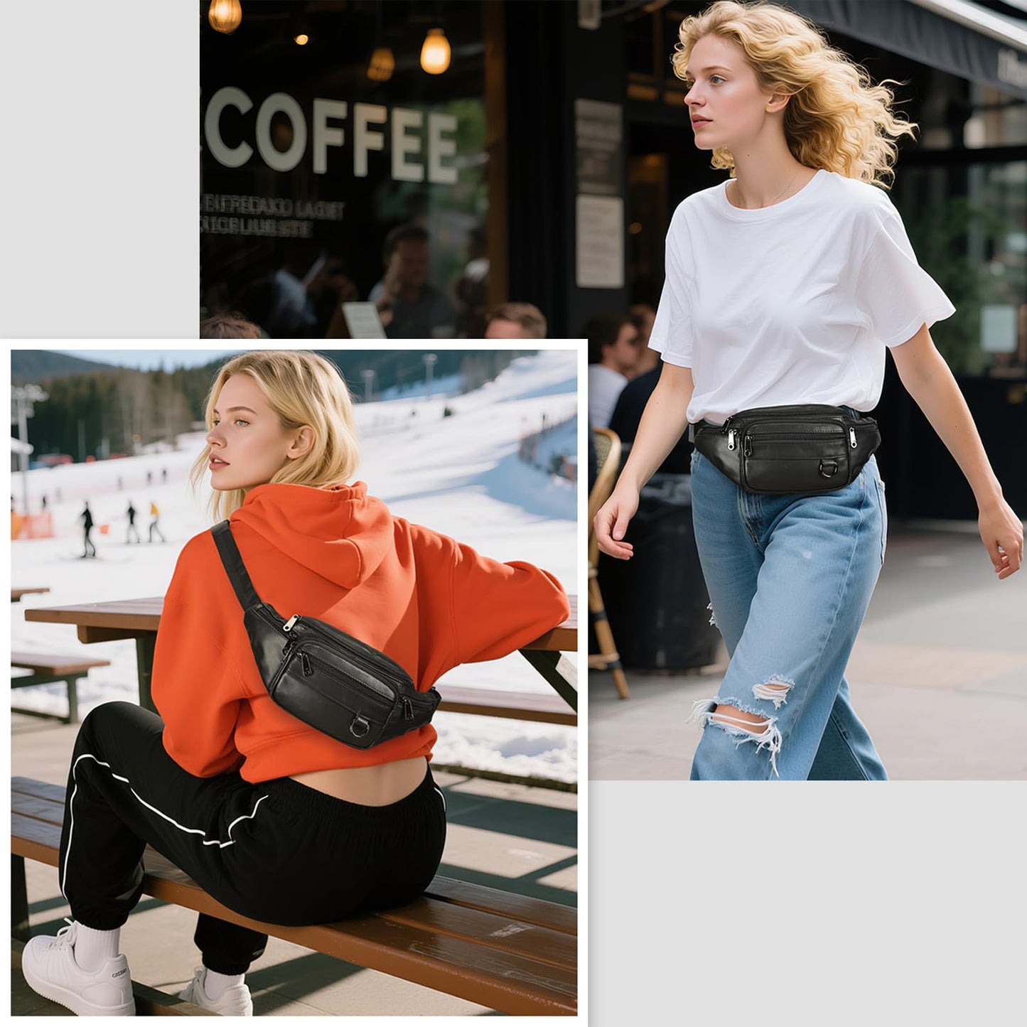 Genuine Leather Fanny Pack HandMade Durable cowhide Waist Bag Lots of Anti-theft zipper pocket Black