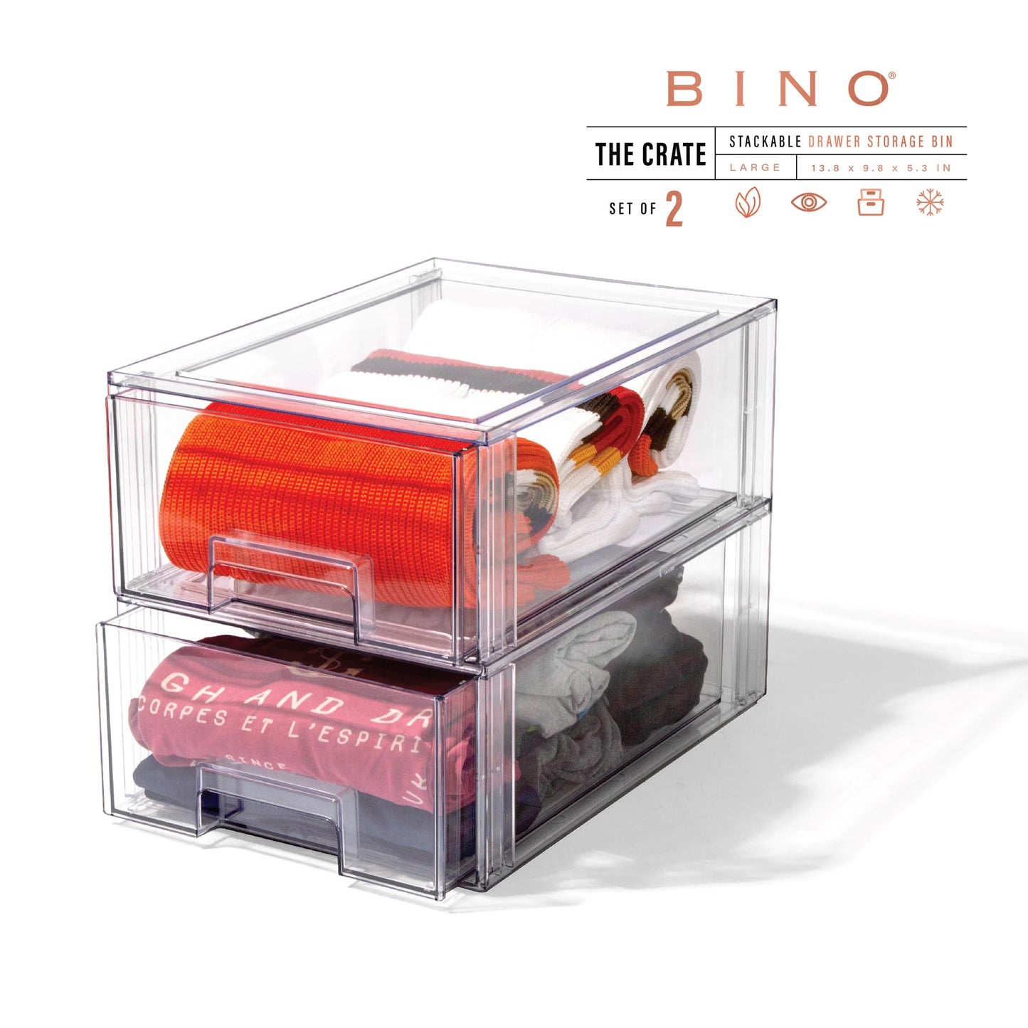 BINO | Stackable Storage Drawers, Large - 2 Pack, Clear | THE CRATE COLLECTION | Storage Bins With Drawers | Bathroom Organizers | Under Sink Organizer | Vanity Cabinet Home Organization