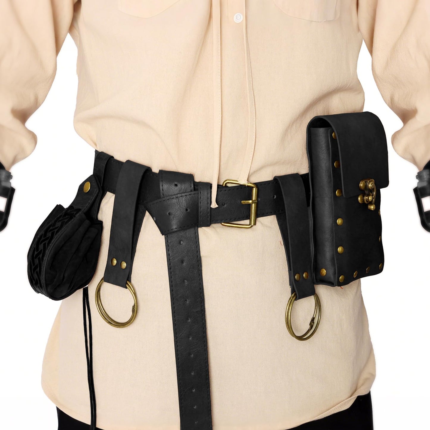 Renaissance Belt Pouch Medieval Viking Pirate Leather Bag Potion Bottle Set Skirt Hike Halloween Cosplay Costume Accessorie(Black, Belt Pouch)