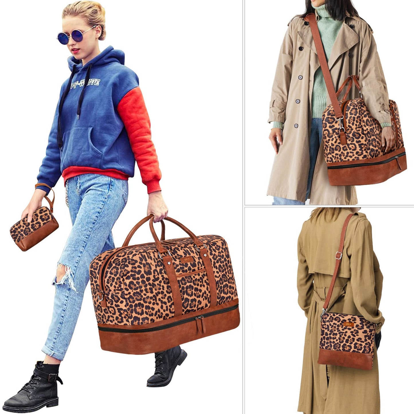 Weekender Bags for Women, Large Overnight Bag Canvas Travel Duffel Bag Carry On Tote with Shoe Compartment 21" 3Pcs Set