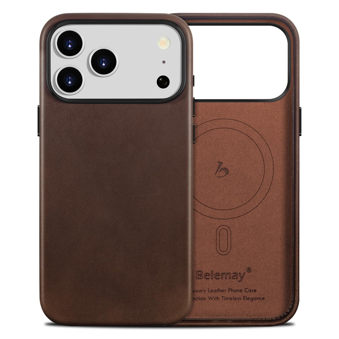 Belemay Handcrafted Full-Grain Vegetable-Tanned Leather Case for iPhone 17 Pro, Compatible with MagSafe, Two-Tone Effect, Natural Patina, Camera Control Button, Metal Buttons (6.3") Bourbon Brown