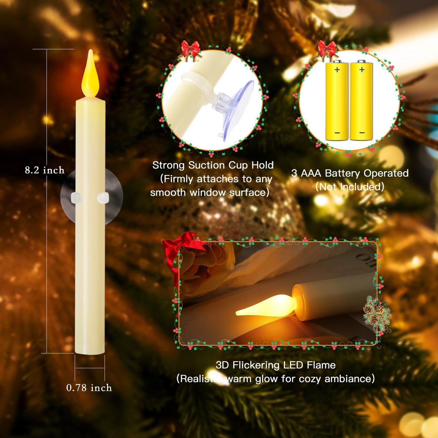 cosylive Christmas Window Candles with Remote Timer, Flameless Taper Candles with Suction Cups and Magnetic Base Battery Operated Flickering Candle for Christmas Halloween Decoration (6 Pack)