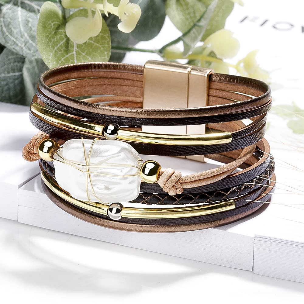 Fesciory Leather Wrap Bracelets for Women, Boho Leopard Multi-Layer Crystal Beads Cuff Bracelet Jewelry (Brown Leather(Pearl))